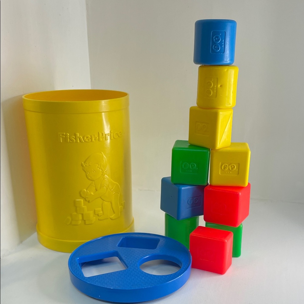 Vintage 1977 Fisher-Price Yellow Shape Sorter with Blue Lid & Stacking Blocks
